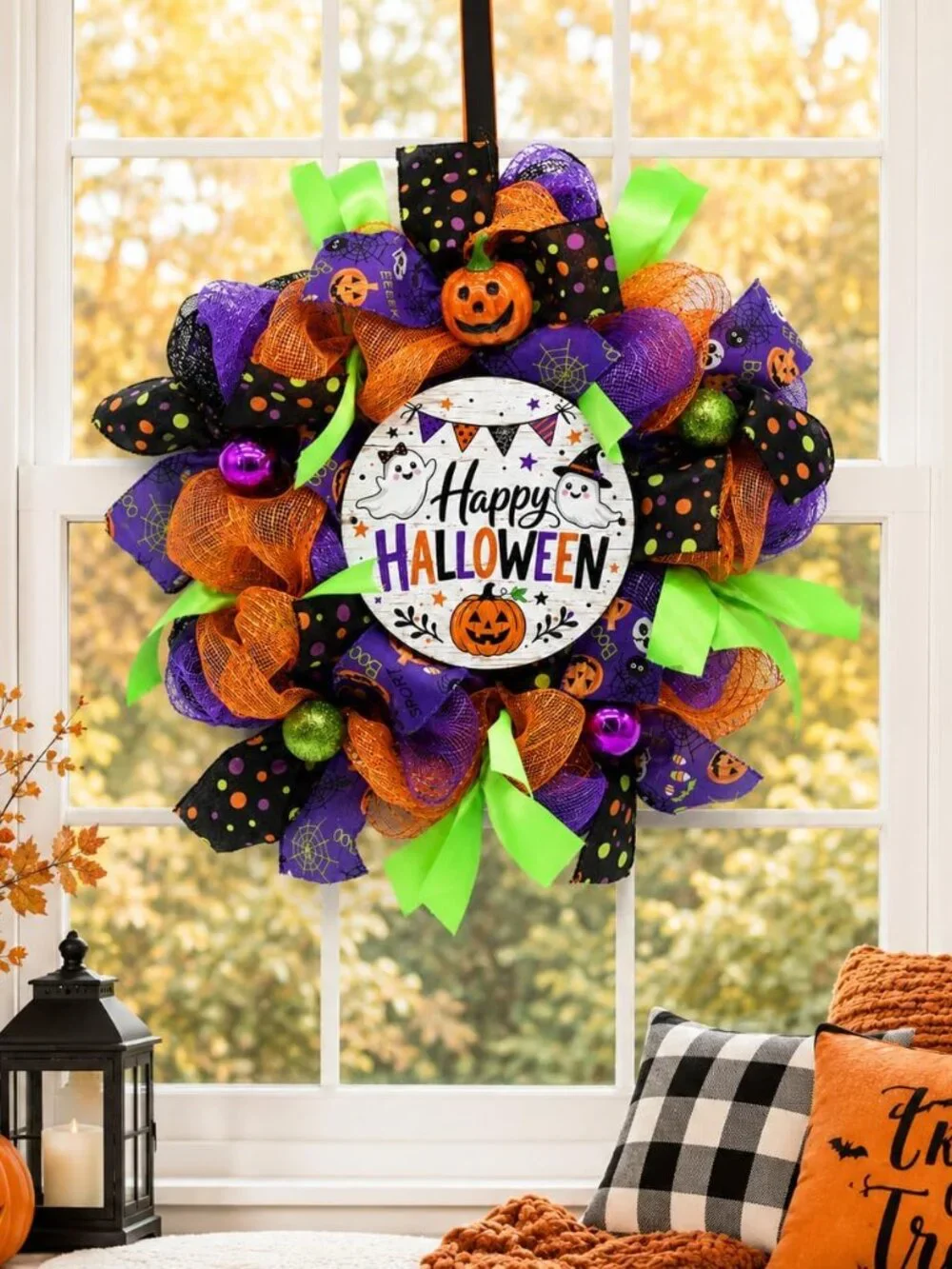 Halloween Wreath for Front Door with Happy Halloween Sign